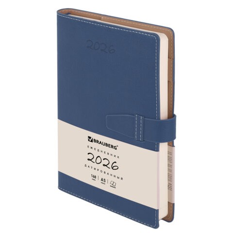 Ежедневник дат 2026г А5 исккожа хлястик синий Journal 117379 Brauberg