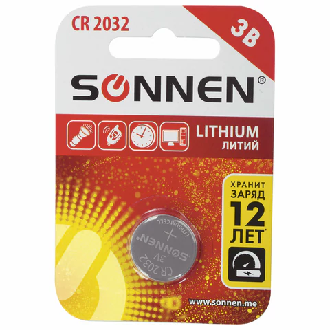 Батарейка литиевая SONNEN Lithium CR2032 таблетка, дисковая, кнопочная 1 шт., блистер, 451974